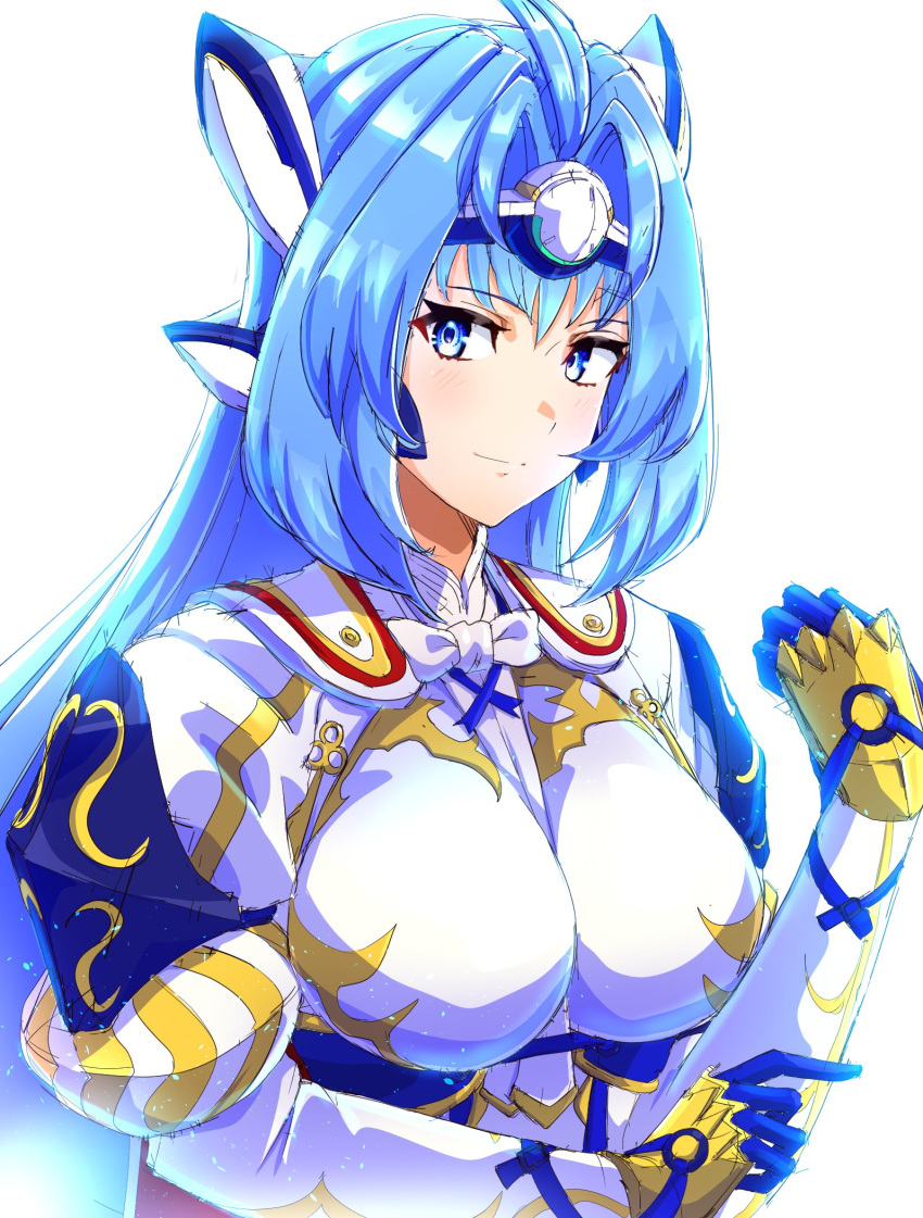 1girl alear_(female)_(fire_emblem) alear_(female)_(fire_emblem)_(cosplay) alear_(fire_emblem) android blue_eyes blue_hair breasts cosplay elbow_gloves fire_emblem fire_emblem_engage gloves highres kos-mos large_breasts long_hair looking_at_viewer medium_breasts simple_background solo to_(tototo_tk) very_long_hair xenosaga