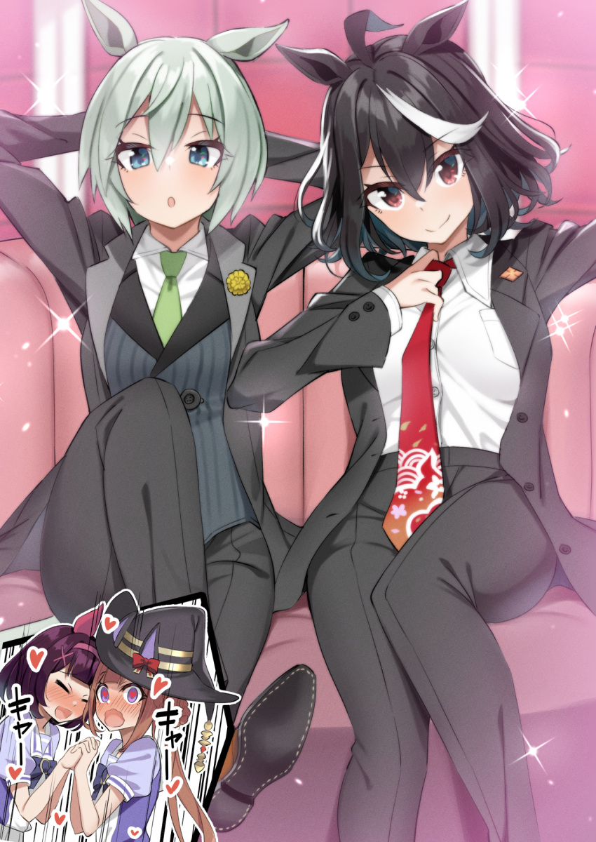 4girls :o adjusting_clothes adjusting_necktie ahoge alternate_costume animal_ears aqua_hair arms_behind_head black_hair blue_eyes blush brown_hair closed_eyes commentary_request green_necktie hair_between_eyes hat heart heart-shaped_pupils highres holding_hands horse_ears horse_girl interlocked_fingers kitasan_black_(umamusume) long_sleeves looking_at_viewer multicolored_hair multiple_girls necktie nishino_flower_(umamusume) nose_blush pants red_eyes red_necktie sasanon_(sasapoliton) school_uniform seiun_sky_(umamusume) short_hair sitting smile sparkle streaked_hair sweep_tosho_(umamusume) symbol-shaped_pupils tracen_school_uniform umamusume wavy_mouth white_hair witch_hat