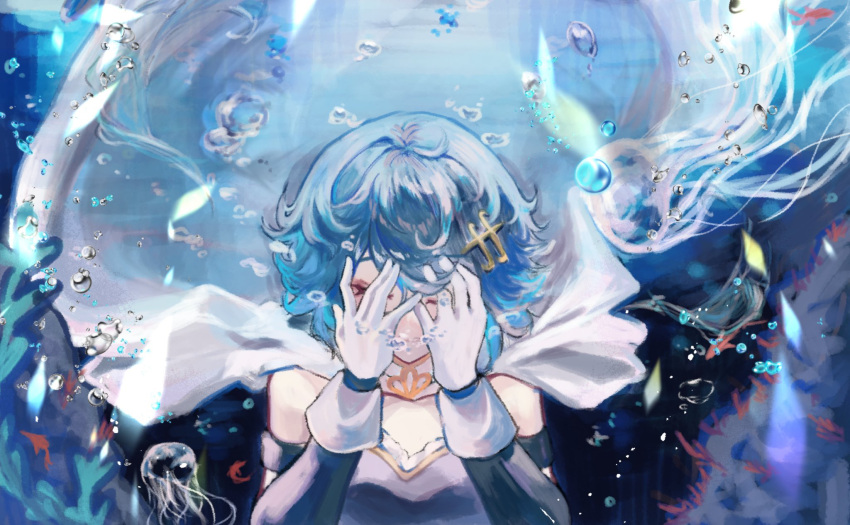 1girl air_bubble blue_hair bubble cape closed_eyes covering_face elbow_gloves fish gloves h11_n2 hair_ornament hands_up highres jellyfish magical_girl mahou_shoujo_madoka_magica miki_sayaka musical_note musical_note_hair_ornament short_hair solo underwater upper_body white_cape white_gloves