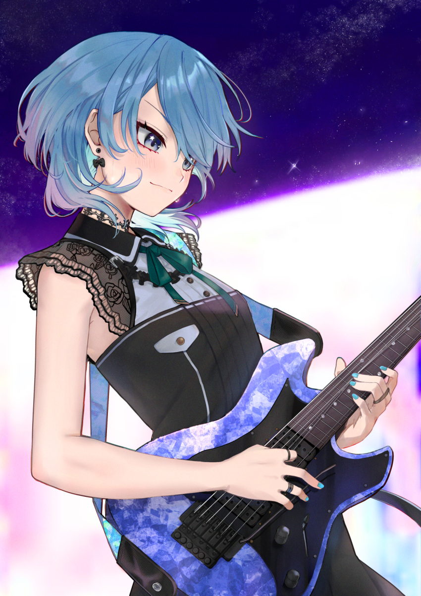 1girl black_dress blue_eyes blue_hair blue_nails blush bow bow_earrings breasts closed_mouth commentary_request dress earrings electric_guitar fingernails green_ribbon guitar highres holding holding_instrument hololive hoshimachi_suisei instrument jewelry light_smile looking_down medium_hair music nail_polish neck_ribbon official_alternate_costume playing_instrument ribbon ring saco_(cgmore) single_earring sleeveless sleeveless_dress small_breasts solo star_(symbol) star_in_eye symbol_in_eye virtual_youtuber
