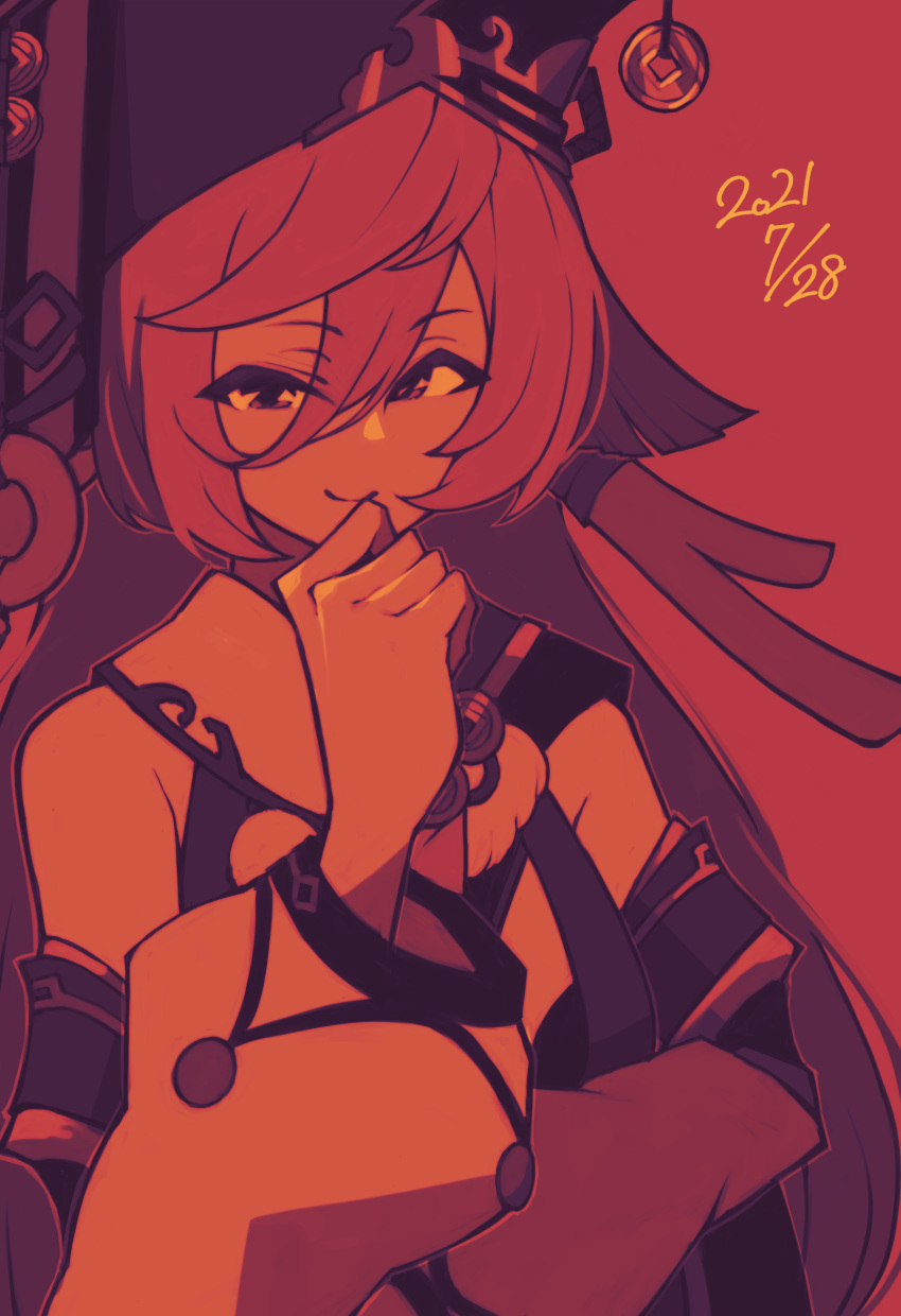 1girl absurdres antlers bangs commentary_request dated detached_sleeves genshin_impact hair_between_eyes hat highres long_hair looking_at_viewer mikaku_(vbvpahw9) monochrome red_theme simple_background smile solo upper_body wide_sleeves yanfei_(genshin_impact)