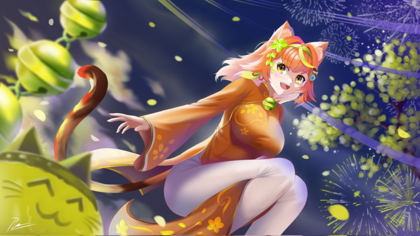 1girl ^_^ akatsuki_banmai animal_ears bell cat_ears cat_girl closed_eyes commentary_request falling_petals fireworks highres hitatsuphat multicolored_hair nijigen_project petals tail tree uwu vietnamese_clothes vietnamese_commentary vietnamese_dress