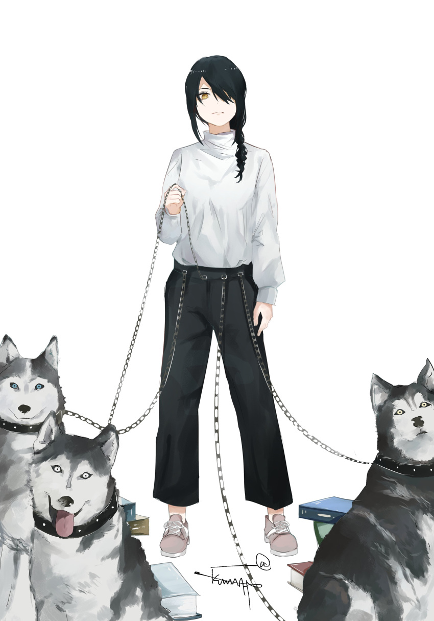 1girl absurdres bangs black_hair black_pants braid braided_ponytail chain chain_leash chainsaw_man hair_over_one_eye hair_over_shoulder highres holding holding_leash husky kumah_dessu leash leash_belt looking_at_viewer medium_hair nayuta_(chainsaw_man) pants ringed_eyes signature simple_background sweater sweater_tucked_in white_background white_sweater yellow_eyes