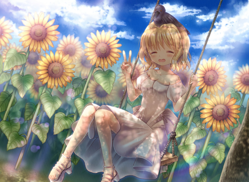 1girl air_(visual_novel) alternate_costume alternate_hairstyle animal_on_head bird bird_on_head blonde_hair blue_sky closed_eyes clouds commentary_request crow dress field flower flower_field full_body high_heels hinokami_sakura kamio_misuzu on_head open_mouth outdoors short_hair sitting sky strapless strapless_dress sunflower swing v white_dress white_footwear