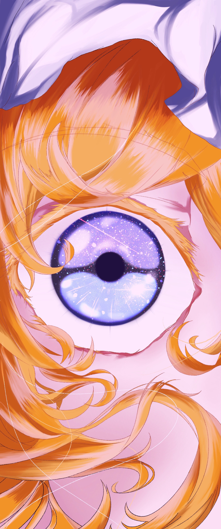 1girl absurdres bangs blonde_hair commentary eye_focus eye_reflection hair_between_eyes hat highres looking_at_viewer maribel_hearn mob_cap reflection solo star_(sky) touhou user_kwth5452 violet_eyes white_headwear