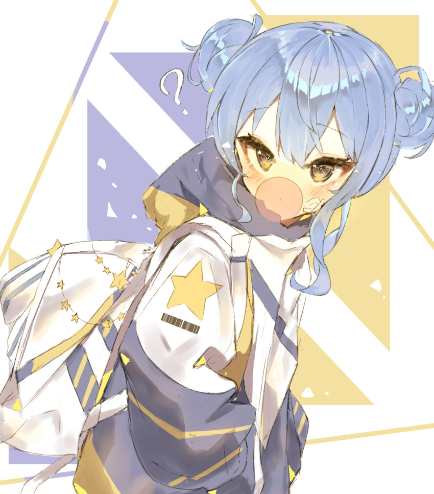 1girl ? bandaid bandaid_on_face blue_hair blush bubble_blowing double_bun ememo hair_bun hands_in_pockets highres hololive hoshimachi_suisei jacket long_sleeves looking_to_the_side simple_background solo upper_body virtual_youtuber white_jacket yellow_eyes