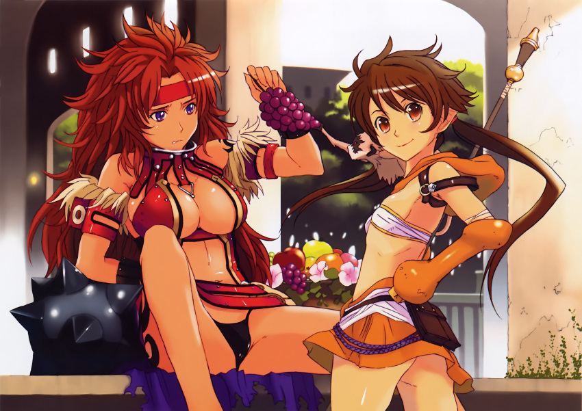 absurdres breasts brown_hair cleavage elbow_gloves flat_chest food fruit gloves grapes highres large_breasts listy monkey no_panties nowa panties queen's_blade queen's_blade risty ruu_(queen's_blade) staff twintails