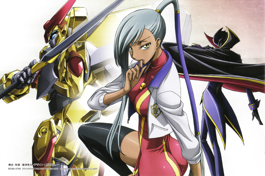 ass cape code_geass dark_skin highres kimura_takahiro lelouch_lamperouge mecha nakata_eiji ponytail screening silver_hair thighhighs viletta_nu villetta_nu vincent whistle yellow_eyes zero_(code_geass)