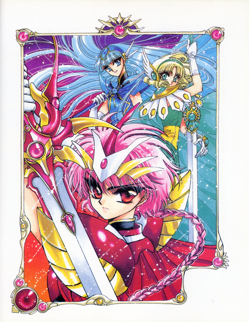 3girls absurdres armor armored_dress bangs blonde_hair blue_eyes blue_hair braid clamp closed_mouth eyebrows_visible_through_hair female gem gloves green_eyes green_hairband hairband head_wings headpiece highres holding holding_sword holding_weapon hououji_fuu long_hair magic_knight_rayearth multiple_girls official_art parted_bangs pauldrons pink_hair red_eyes ryuuzaki_umi shidou_hikaru single_braid sword very_long_hair weapon white_gloves winged_hairband