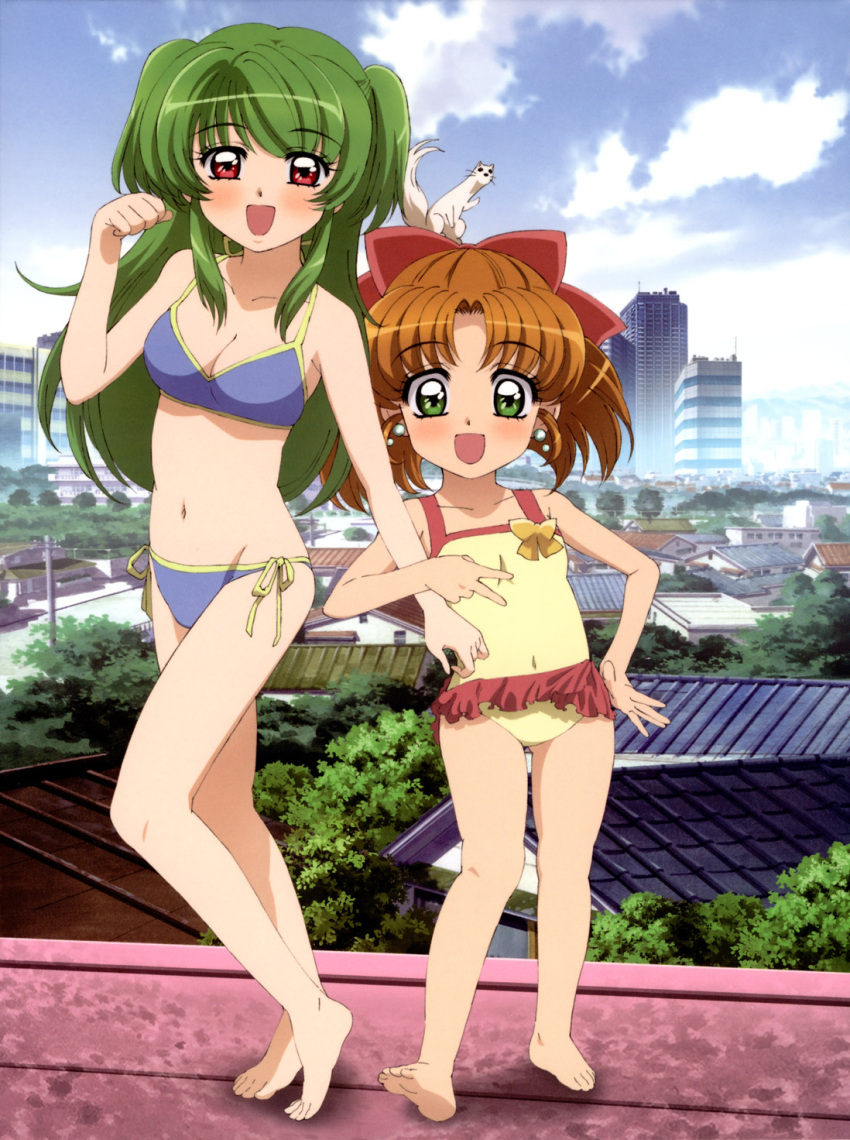 :d barefoot bikini blush bow breasts casual_one-piece_swimsuit child cityscape cleavage cloud earrings feet flat_chest frilled_swimsuit frills green_eyes green_hair hair_bow highres inukami! jewelry legs locked_arms long_hair maron_(inukami) multiple_girls navel object_on_head official_art one-piece_swimsuit open_mouth orange_hair outdoors red_eyes rooftop scan short_hair short_twintails side-tie_bikini sky smile standing swimsuit swimsuit tomohane tomohane_(inukami) twintails youko youko_(inukami)