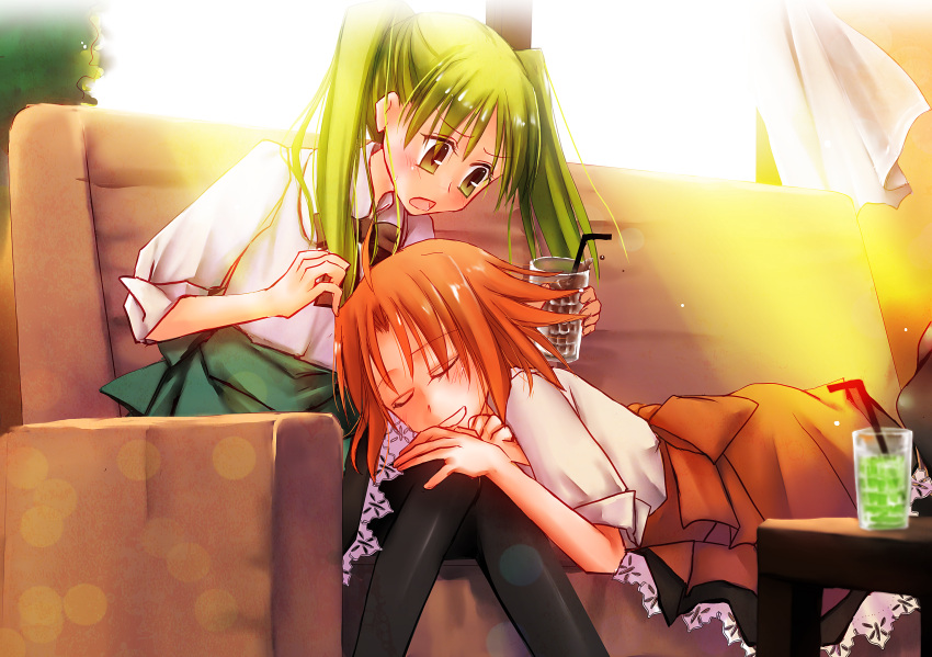 2girls ahoge drink green_hair hibino_hibiki katsuragi_chikagi lying mahou_tsukai_no_hako mousouchiku orange_hair twintails window