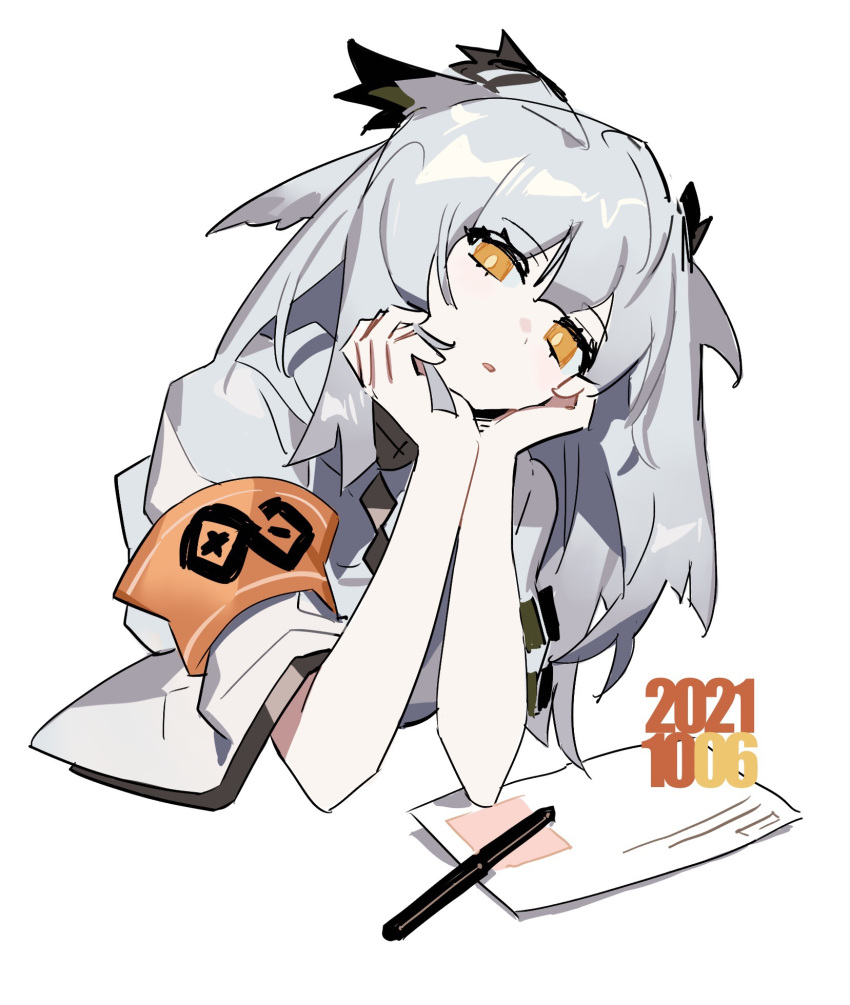 1girl animal_ears arknights armband dated elbows_on_table grey_hair head_on_hand head_rest head_tilt highres letter looking_at_viewer orange_eyes pen ptilopsis_(arknights) rhine_lab_logo shime52631 simple_background sketch solo white_background