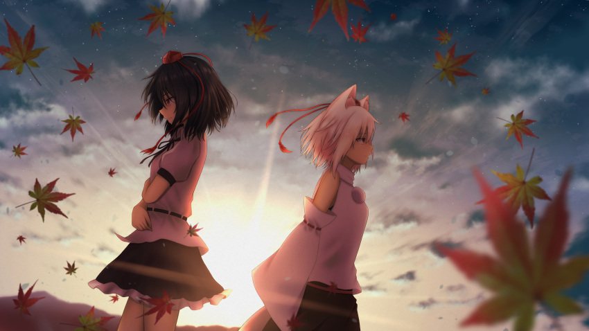 2girls absurdres animal_ears autumn_leaves back-to-back backlighting bangs bare_shoulders black_hair black_skirt breasts closed_mouth clouds commentary detached_sleeves falling_leaves frilled_skirt frills from_side hat highres inubashiri_momiji leaf light_particles long_sleeves looking_to_the_side medium_hair miniskirt multiple_girls nose outdoors puffy_sleeves red_eyes red_headwear ribbon-trimmed_sleeves ribbon_trim shameimaru_aya shirt skirt small_breasts smile szl tengu tokin_hat touhou twilight white_hair white_shirt wide_sleeves wolf_ears wolf_girl