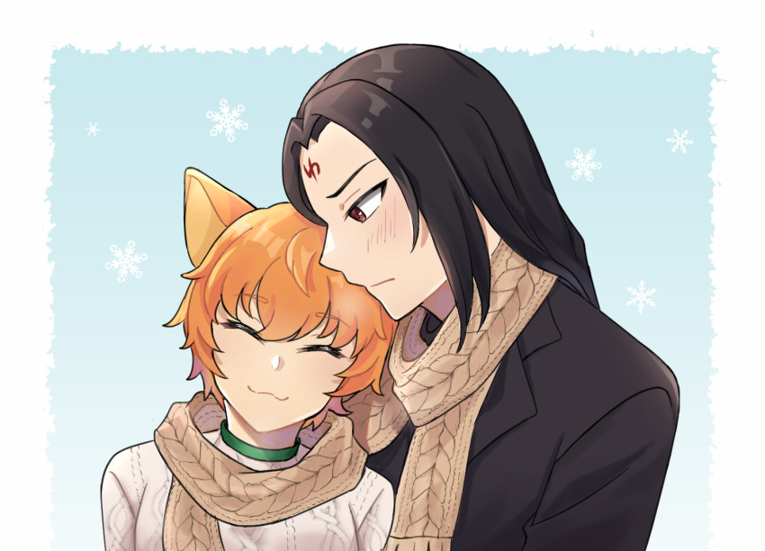 animal_ears black_hair cat_ears closed_eyes collar fire_emblem fire_emblem:_path_of_radiance fire_emblem:_radiant_dawn head_on_another's_shoulder lethe lethe_(fire_emblem) light_blush orange_hair red_eyes scarf shared_clothes shared_scarf simple_background smile snowflakes soren soren_(fire_emblem) winter_clothes witchi