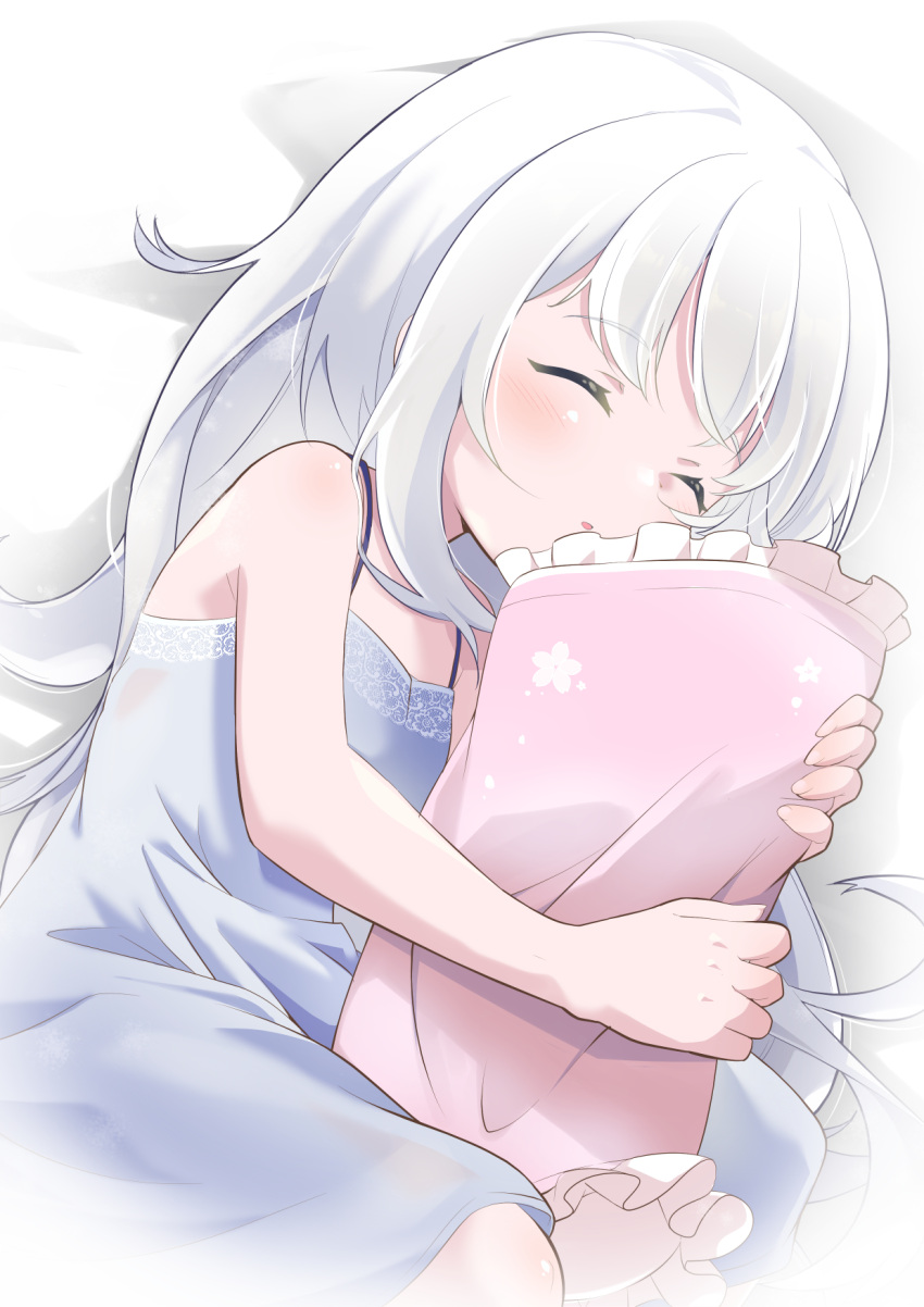 1girl bare_shoulders bed_sheet closed_eyes commentary_request dress floral_print foxxre frilled_pillow frills highres kannagiri_nagamitsu_(tenka_hyakken) lying object_hug on_side parted_lips pillow sleeping sleeveless sleeveless_dress tenka_hyakken white_dress white_hair zzz