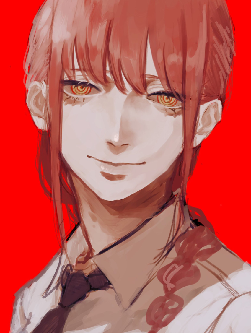 1girl bangs black_necktie bonjindaaa braid braided_ponytail chainsaw_man collared_shirt hair_over_shoulder highres looking_at_viewer makima_(chainsaw_man) medium_hair necktie red_background red_theme redhead ringed_eyes shirt sidelocks simple_background smile solo white_shirt yellow_eyes
