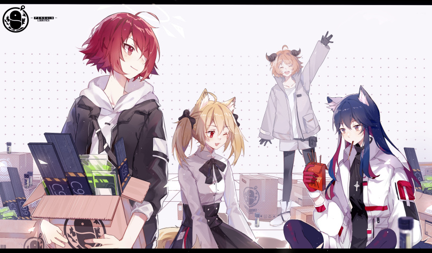 4girls ;d ahoge alternate_costume animal_ear_fluff animal_ears arknights arm_up black_bow black_bowtie black_eyes black_gloves black_jacket black_pantyhose black_skirt blonde_hair blue_hair boots bow bowtie box cardboard_box chinese_commentary closed_eyes closed_mouth colored_inner_hair commentary_request cow_horns croissant_(arknights) cross cross_necklace exusiai_(arknights) food gloves grey_jacket hair_between_eyes hair_over_one_eye halo highres holding holding_box hood hoodie horns jacket jewelry letterboxed long_hair long_sleeves medium_hair mouth_hold multicolored_hair multiple_girls necklace one_eye_closed one_eye_covered open_clothes open_jacket open_mouth orange_hair pantyhose penguin_logistics_logo pocky red_eyes redhead shirt short_hair shorts skirt sleeve_cuffs smile sora_(arknights) tail texas_(arknights) texas_(winter_messenger)_(arknights) twintails waving white_footwear white_hoodie white_shirt white_shorts wolf_ears wolf_tail xuanli