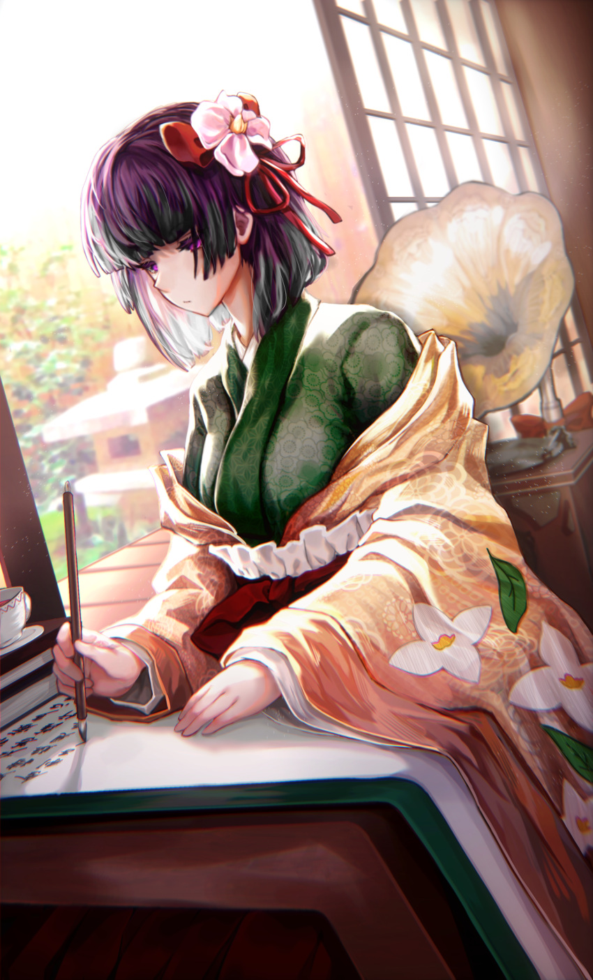 1girl :/ absurdres bangs blunt_bangs book book_stack calligraphy_brush calligraphy_scroll closed_mouth cup flower green_kimono hair_flower hair_ornament hair_ribbon half-closed_eyes hieda_no_akyuu highres holding holding_calligraphy_brush indoors japanese_clothes kimono layered_clothes layered_kimono long_sleeves paintbrush phonograph pink_flower purple_hair red_ribbon ribbon saucer scroll short_hair sliding_doors solo stone_lantern teacup touhou upper_body violet_eyes wide_sleeves writing xiaotianeveryday yellow_kimono