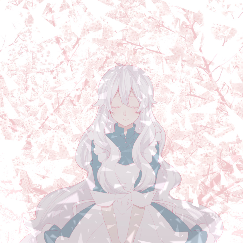 11_10_11 1girl absurdres apron blue_dress branch cherry_blossoms closed_eyes closed_mouth collared_dress day dress facing_viewer flower frilled_apron frills hair_between_eyes hair_over_shoulder highres kagerou_project kozakura_marry long_hair mekakucity_actors outdoors pink_flower sleeves_past_elbows smile solo third-party_source tree upper_body v_arms very_long_hair wavy_hair white_apron white_hair wide_shot