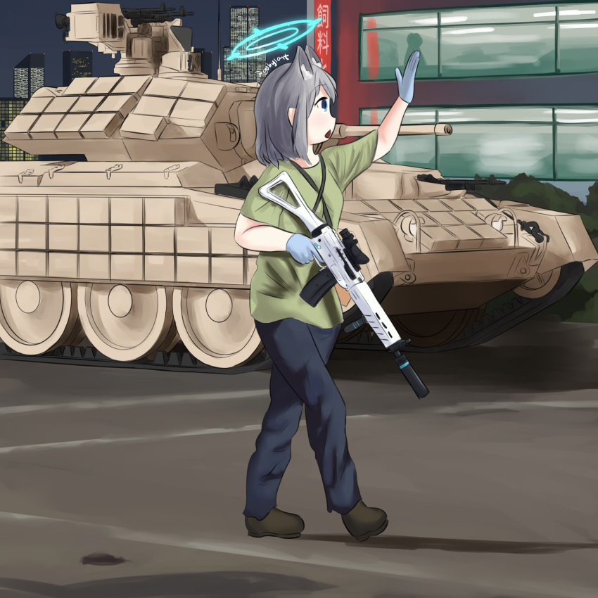 1girl absurdres animal_ears arm_up blue_archive blue_pants building cat_ears cityscape denim gobyl green_shirt ground_vehicle gun highres holding holding_gun holding_weapon jeans military military_vehicle motor_vehicle night outdoors pants shiroko_(blue_archive) shirt tank walking weapon white_hair