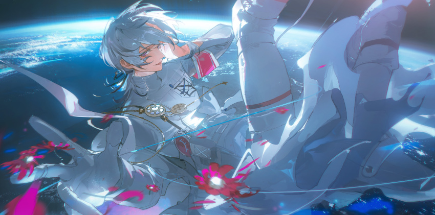 1boy absurdres astronaut collar_x_malice earth_(planet) floating flower gloves highres long_sleeves looking_at_viewer male_focus okazaki_kei pants planet red_flower shirt short_hair solo space space_helmet spacesuit violet_eyes white_gloves white_hair white_pants white_shirt yipei