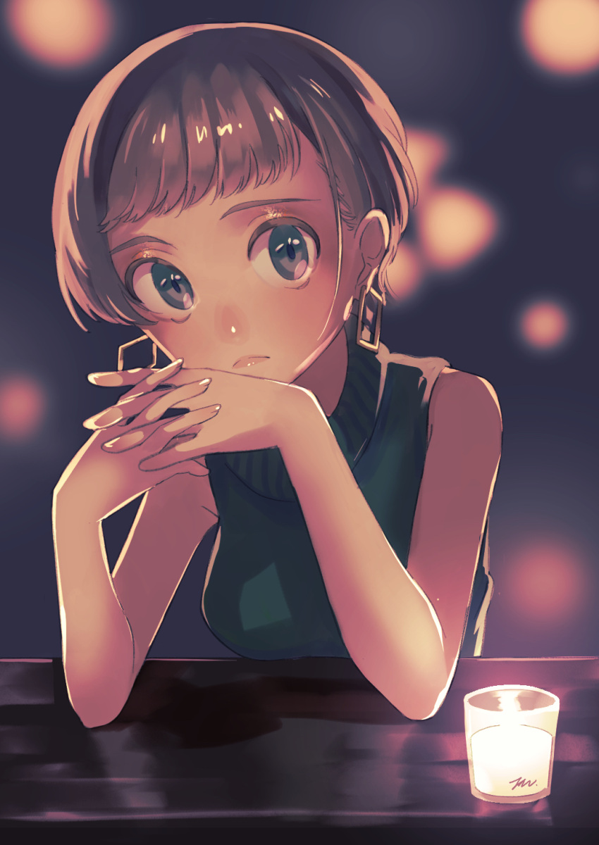 1girl anyway_osushi bangs bar_(place) blurry blurry_background breasts brown_hair candle earrings elbows_on_table frown highres interlocked_fingers jewelry looking_at_viewer medium_breasts original shirt short_hair sleeveless sleeveless_shirt sweater turtleneck turtleneck_sweater upper_body