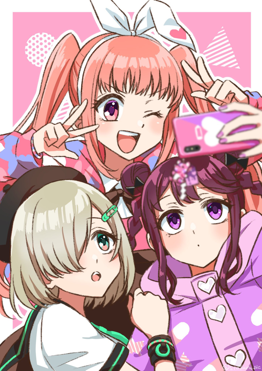 3girls animal_ears bangs blue_eyes blush bow braid cellphone_charm charm_(object) denonbu double_bun double_v grey_hair hair_bow hair_bun hair_ornament hair_over_one_eye hair_ribbon hairclip hat headband highres holding holding_phone hood hoodie inubousaki_shian jacket long_hair long_sleeves looking_at_phone minakami_hina multiple_girls one_eye_closed open_mouth orange_hair phone pink_eyes pink_hair pink_hoodie pink_nails purple_hair purple_hoodie rabbit_ears ribbon sakurano_mimito school_uniform selfie serafuku shiokara_(siokara_pic) shirt short_hair smile standing twin_braids twintails upper_body v violet_eyes wrist_cuffs