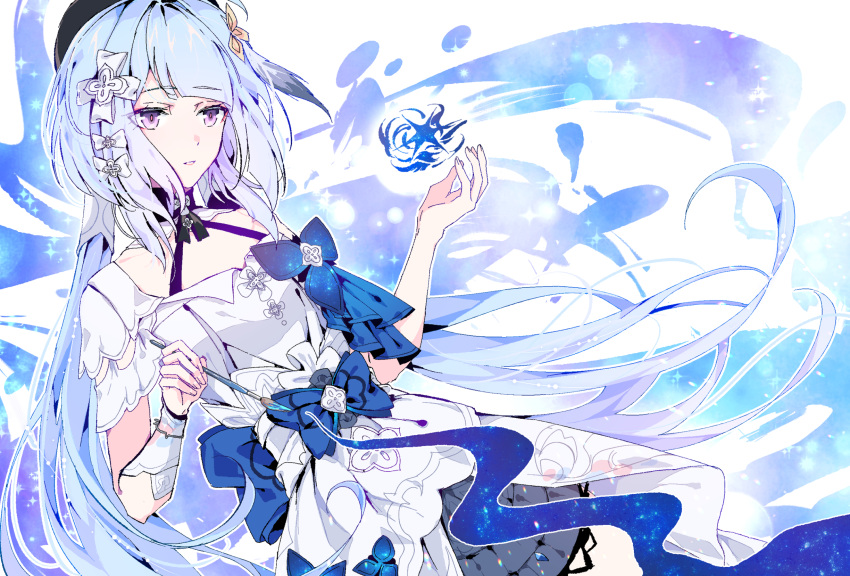 1girl aer007580 bangs blue_bow blue_hair blue_headwear bow dress dutch_angle griseo highres holding holding_brush honkai_(series) honkai_impact_3rd light_blue_hair long_hair looking_to_the_side parted_lips solo twintails very_long_hair violet_eyes white_dress