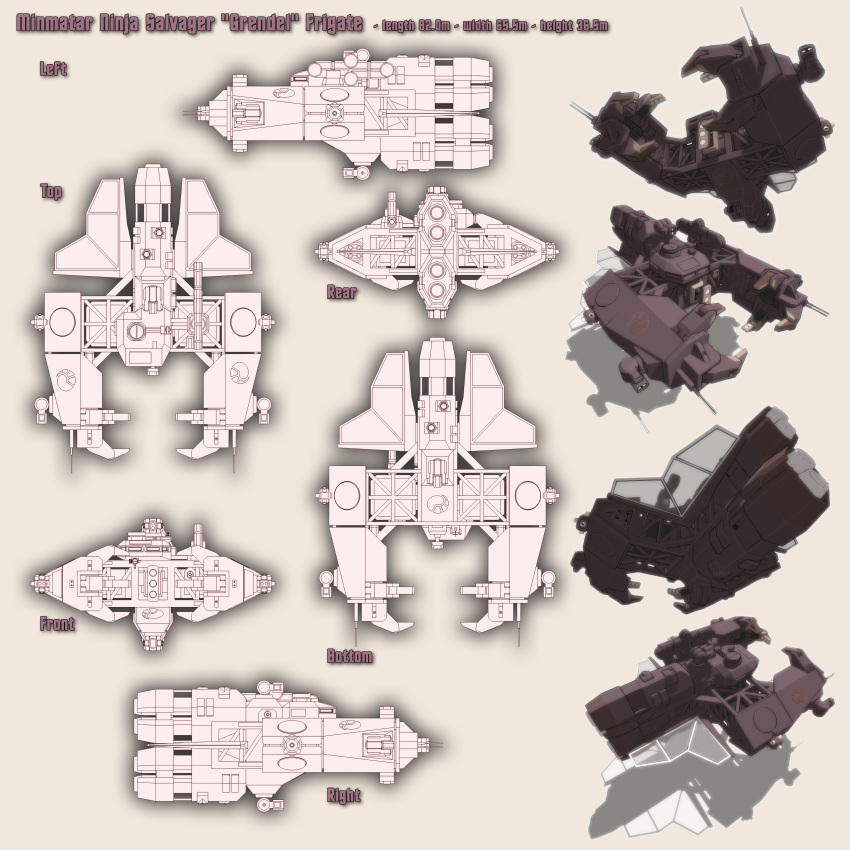 3d absurdres brown_theme commentary concept_art english_text eve_online frigate_(eve_online) from_above from_behind from_below from_side highres minmatar_republic_(eve_online) multiple_views no_humans original science_fiction shadow spacecraft spinner-vision thrusters turret vehicle_focus