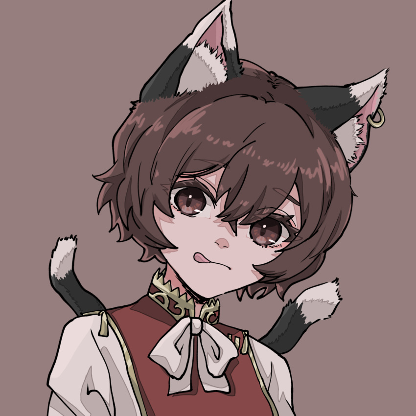 1girl :q animal_ear_fluff animal_ears bangs bow bowtie brown_background brown_eyes brown_hair cat_ears chen commentary earrings gold_trim hair_between_eyes highres jewelry looking_at_viewer nekomata no_headwear nostrils red_vest short_hair simple_background single_earring solo tail_raised tongue tongue_out touhou upper_body user_csvc8775 vest