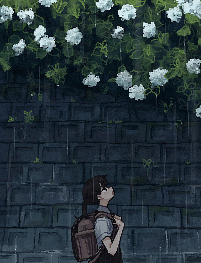 1girl absurdres backpack bag black_eyes black_hair commentary_request flower from_side highres hydrangea looking_up open_mouth original outdoors plant ponytail rain randoseru shirt short_sleeves solo uniunimikan white_flower