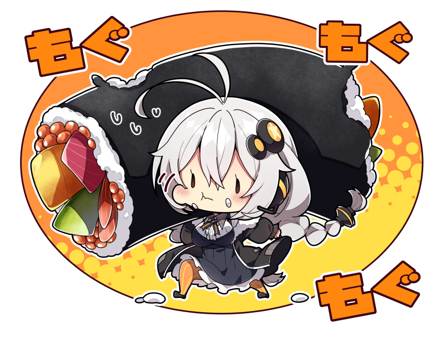 1girl antenna_hair bangs black_dress black_footwear black_jacket blush braid breasts buttons chibi closed_mouth commentary_request dress eating ehoumaki food food_on_face frilled_dress frills full_body grey_hair hair_between_eyes hair_ornament highres jacket kizuna_akari large_breasts long_hair makizushi milkpanda motion_lines open_clothes open_jacket orange_pantyhose pantyhose shoes solo striped striped_pantyhose sushi translation_request twin_braids vertical-striped_pantyhose vertical_stripes voiceroid