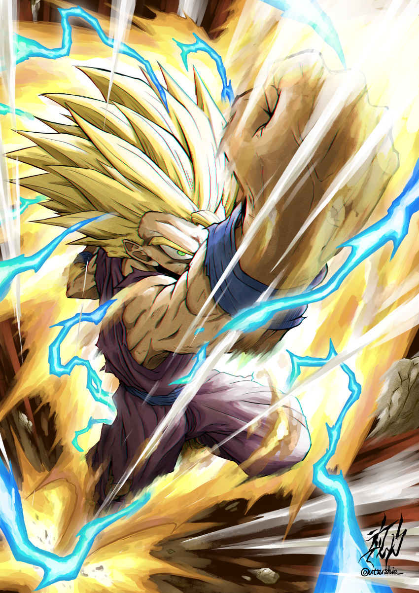 1boy absurdres aura blonde_hair clenched_hand commentary dragon_ball dragon_ball_z electricity furrowed_brow green_eyes highres liedein male_focus punching serious signature solo son_gohan speed_lines spiky_hair super_saiyan super_saiyan_2 twitter_username wristband