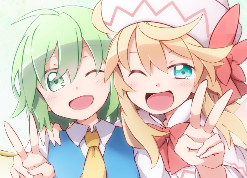 2girls absurdres ahoge ascot blonde_hair blue_dress blue_eyes blush capelet collared_shirt commentary_request daiyousei dress fairy fairy_wings green_eyes green_hair hair_between_eyes hat highres lily_white long_hair long_sleeves multiple_girls one_eye_closed open_mouth shirt smile touhou v white_capelet white_headwear white_shirt wings yellow_ascot yutamaro