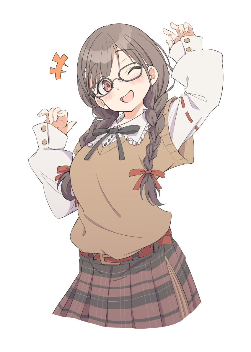 +++ 1girl absurdres arms_up belt blush braid brown_hair brown_sweater collared_shirt cropped_legs eito12 frilled_shirt_collar frills glasses highres idolmaster idolmaster_shiny_colors looking_at_viewer low_twin_braids necktie one_eye_closed open_mouth red_eyes ribbon-trimmed_sleeves ribbon_trim shirt simple_background skirt smile solo sonoda_chiyoko sweater twin_braids v-neck white_background white_shirt