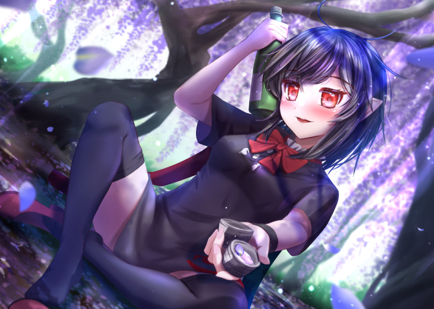 1girl bangs black_dress black_hair blue_wings blush bottle bow bowtie breasts buttons center_frills choko_(cup) commentary_request cup day dress dutch_angle flower frilled_dress frills full_body ground holding holding_bottle holding_cup houjuu_nue incoming_drink looking_at_viewer open_mouth outdoors pointy_ears red_bow red_bowtie red_eyes red_footwear red_wings shoes shoes_removed short_dress short_hair short_sleeves small_breasts smile solo thigh-highs tomoe_(symbol) touhou tree under_tree wings wisteria wristband yakkyokuya