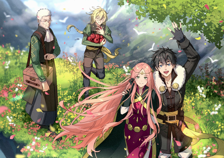 1girl 3boys apple bag belt benedict_pascal black_hair blonde_hair blue_eyes cape closed_eyes commentary_request diadem dress eating fingerless_gloves flower food frederica_aesfrost fruit glasses gloves grass harukatang highres long_hair looking_at_viewer multiple_boys old old_man outdoors pink_hair roland_glenbrook serenoa_wolffort shoulder_bag smile standing triangle_strategy very_long_hair waving white_hair