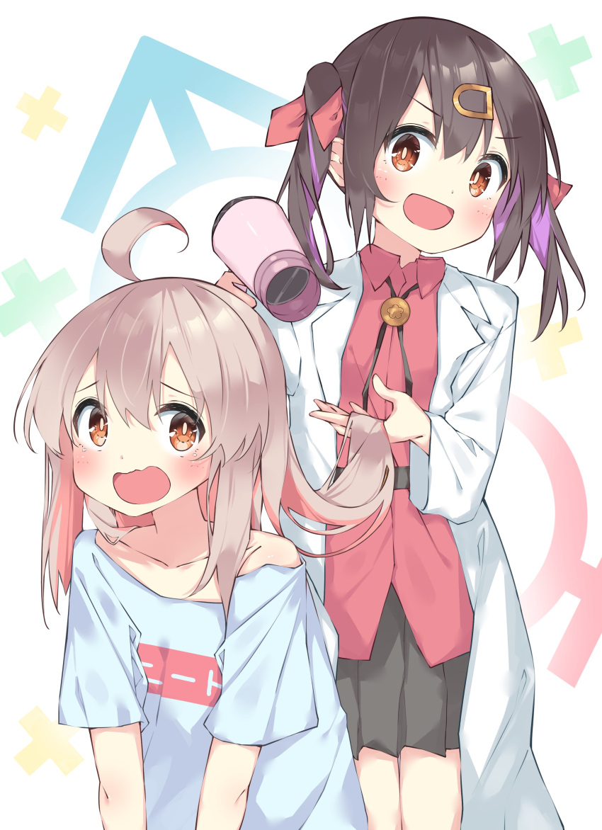 2girls :d :o absurdres ahoge bangs black_hair black_skirt blush bolo_tie brown_eyes collarbone commentary drying drying_hair grey_hair hair_between_eyes hair_dryer hair_ornament hair_ribbon hairclip highres holding holding_another's_hair holding_hair_dryer labcoat long_hair long_sleeves mars_symbol multiple_girls off_shoulder onii-chan_wa_oshimai! open_mouth oyama_mahiro oyama_mihari pink_hair pleated_skirt purple_hair red_ribbon red_shirt ribbon shirt siblings simple_background single_bare_shoulder sisters skirt smile suta0822 t-shirt twintails untucked_shirt venus_symbol white_background white_shirt wing_collar