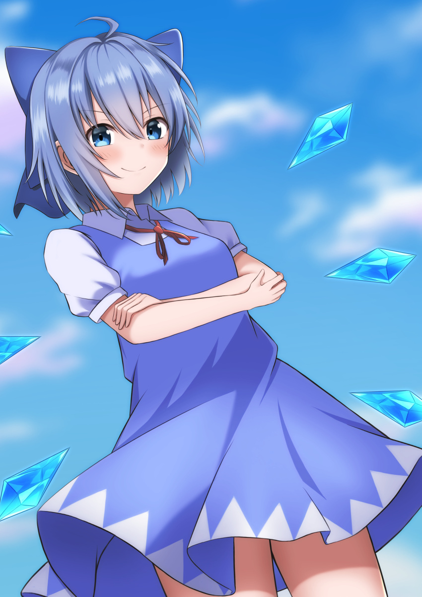 &gt;:) 1girl absurdres ahoge bangs blue_bow blue_dress blue_eyes blue_hair blue_sky blush bow breasts cirno closed_mouth clouds collar commentary crossed_arms doyagao dress hair_between_eyes hair_bow highres ice ice_wings looking_at_viewer medium_hair puffy_short_sleeves puffy_sleeves red_ribbon ribbon short_sleeves sidelocks sky small_breasts smile smug solo szl touhou v-shaped_eyebrows white_collar wing_collar wings