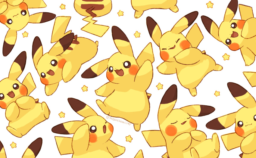 :3 :d absurdres bright_pupils brown_eyes closed_eyes commentary_request highres misonikomiii no_humans one_eye_closed open_mouth pikachu pokemon pokemon_(creature) smile star_(symbol) tongue watermark white_background white_pupils