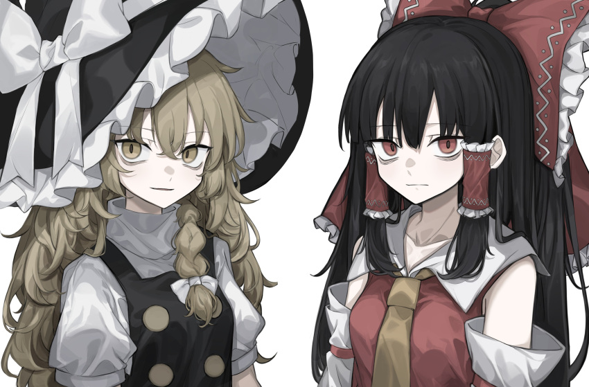 2girls absurdres ascot bags_under_eyes bangs bare_shoulders black_hair black_headwear black_vest bow braid breasts closed_mouth collarbone commentary detached_sleeves expressionless frilled_bow frilled_hair_tubes frills hair_between_eyes hair_bow hair_tubes hakurei_reimu hat hat_bow highres hisha_(kan_moko) kirisame_marisa light_blush long_hair looking_at_viewer medium_breasts multiple_girls parted_lips puffy_sleeves red_bow ribbon-trimmed_sleeves ribbon_trim short_sleeves simple_background smile touhou upper_body very_long_hair vest white_background white_bow witch_hat