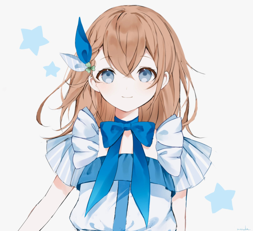 1girl arms_at_sides bangs blouse blue_bow blue_choker blue_ribbon blue_theme bow braid brown_hair choker closed_mouth clover clover_hair_ornament commentary_request diagonal-striped_bow diagonal_stripes dot_nose flat_chest grey_background grey_eyes hair_between_eyes hair_bow hair_ornament hanasato_minori highres layered_sleeves limited_palette looking_at_viewer medium_hair muted_color nirako_mona project_sekai ribbon ribbon_choker shirt short_sleeves simple_background smile solo star_(symbol) starry_background striped striped_bow striped_sleeves two-tone_bow upper_body vertical-striped_sleeves vertical_stripes white_shirt wide_sleeves