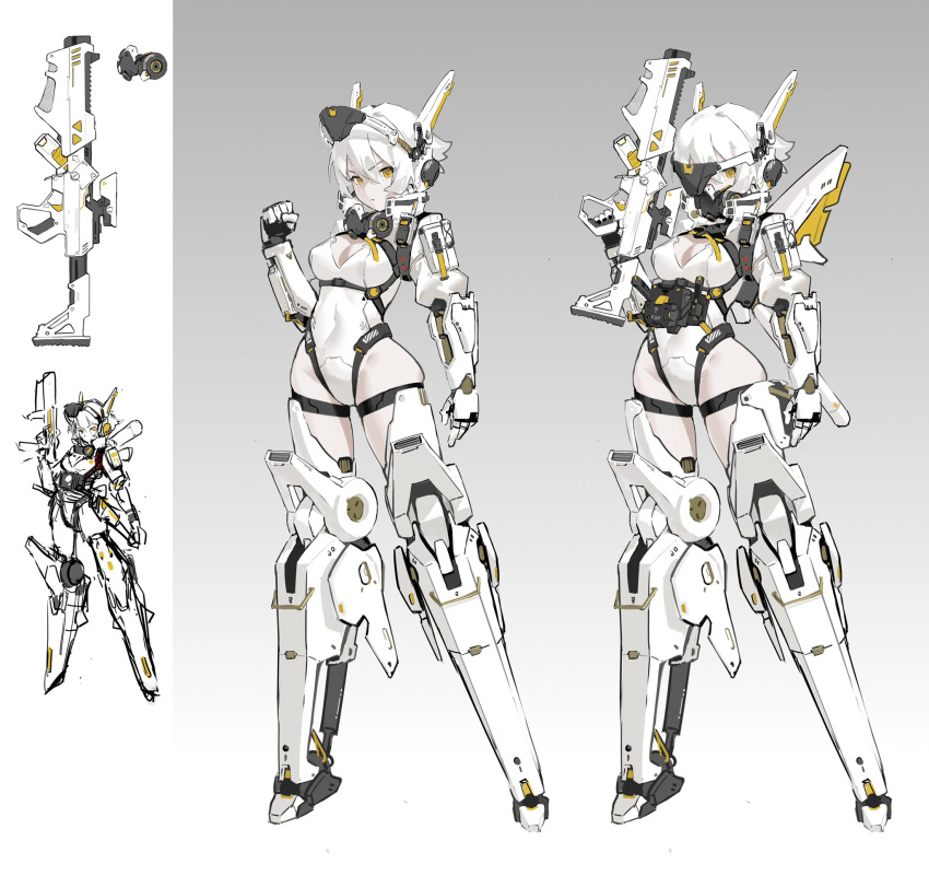 1girl arm_at_side armor breasts commentary gas_mask gradient_background grey_background gun headgear highres holding holding_gun holding_weapon jiuyesang looking_at_viewer mask mecha_musume mechanical_legs medium_breasts original rifle science_fiction short_hair skindentation standing weapon white_background white_hair yellow_eyes