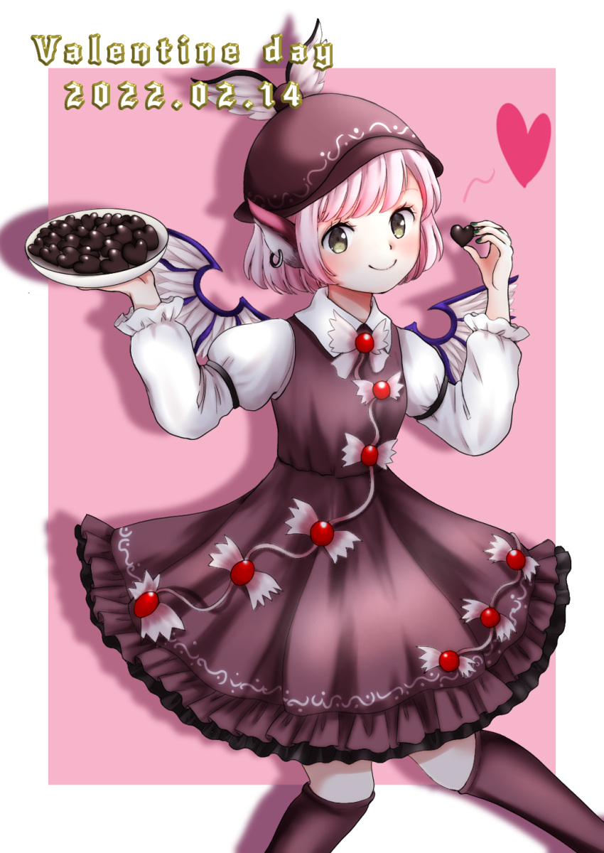 1girl animal_ears bird_ears bird_wings blush brown_dress brown_headwear brown_socks candy chocolate closed_mouth commentary_request dated dress earrings feet_out_of_frame food frilled_dress frilled_sleeves frills hat heart heart-shaped_chocolate highres holding holding_chocolate holding_food jewelry kneehighs kyabekko long_sleeves mystia_lorelei pink_hair short_hair single_earring smile socks solo touhou valentine white_wings winged_hat wings yellow_eyes
