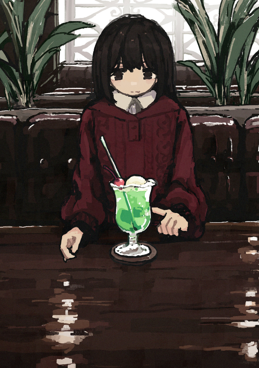 1girl bangs black_eyes black_hair cafe commentary_request cup drinking_straw highres long_sleeves melon_soda original plant red_sweater sitting soda solo sweater table uniunimikan window