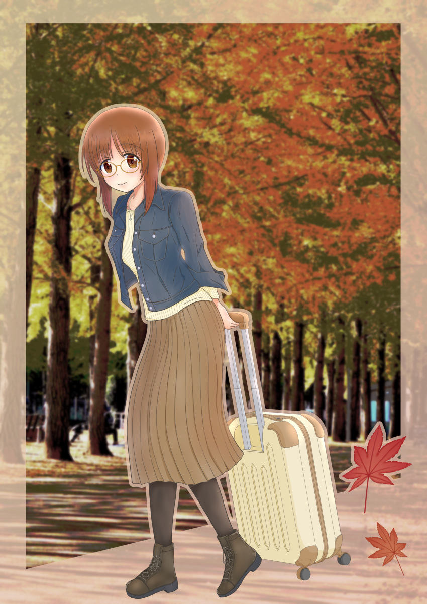 1girl absurdres ankle_boots arms_behind_back autumn autumn_leaves bangs bespectacled black_footwear black_pantyhose blue_jacket blurry blurry_background boots brown_eyes brown_hair brown_skirt casual commentary day forest full_body girls_und_panzer glasses heel_up highres jacket jewelry light_smile long_sleeves looking_at_viewer maikaooba medium_skirt nature necklace nishizumi_miho open_clothes open_jacket open_mouth orange-framed_eyewear outdoors pantyhose rolling_suitcase shirt short_hair skirt solo standing suitcase yellow_shirt