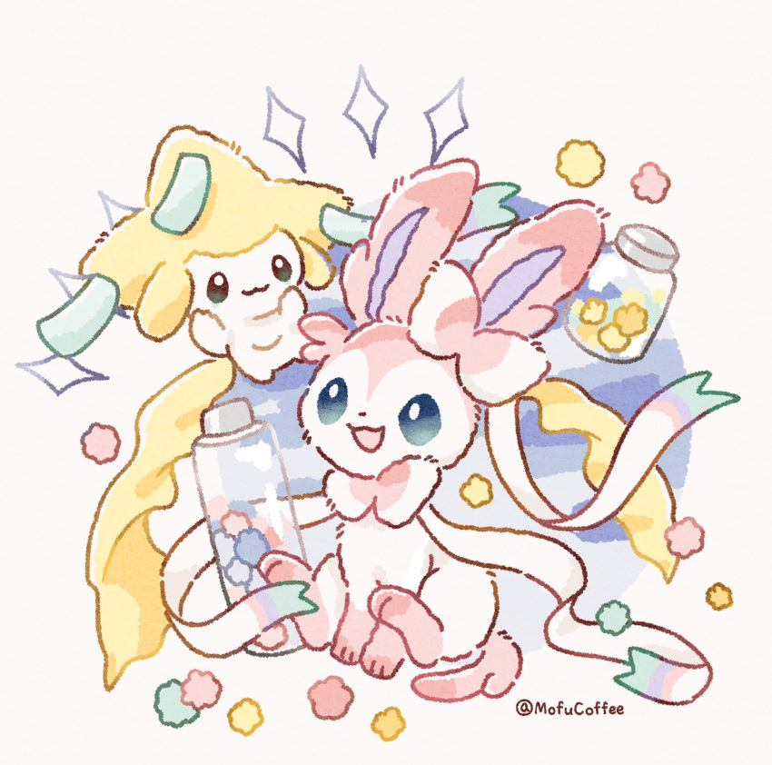 :3 :d artist_name blue_background blue_eyes bright_pupils candy closed_mouth food full_body highres jar jirachi konpeitou looking_at_viewer mofucoffee multicolored_background no_humans open_mouth pokemon pokemon_(creature) simple_background sitting smile sylveon twitter_username white_background white_pupils