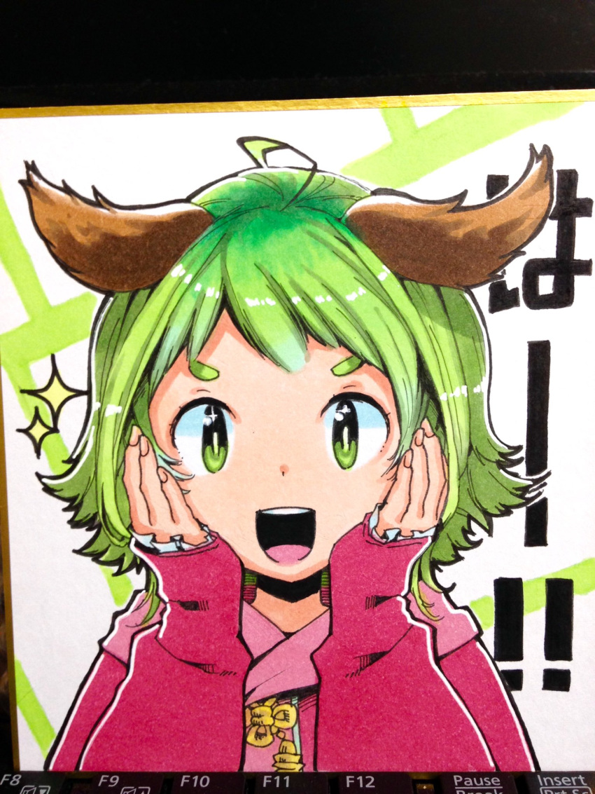 1girl animal_ears dog_ears dress green_eyes green_hair hands_on_own_face highres kasodani_kyouko namauni open_mouth photo_(medium) pink_dress portrait shikishi short_hair sleeves_past_wrists smile solo sparkle teeth touhou traditional_media upper_teeth_only