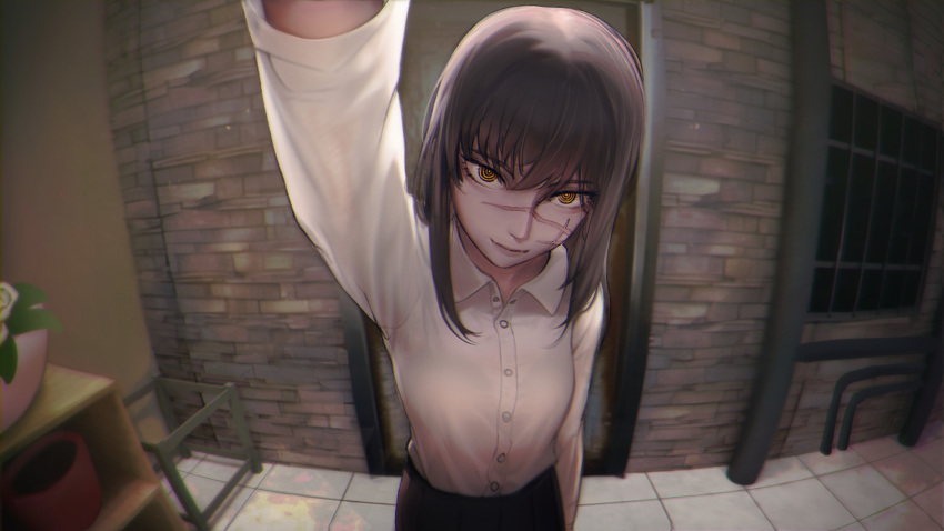 1girl @cstw792 black_hair black_skirt chainsaw_man fisheye flower highres long_hair looking_at_viewer outstretched_hand pov reaching_towards_viewer scar scar_on_face shirt skirt smile white_flower white_shirt yellow_eyes yoru_(chainsaw_man)