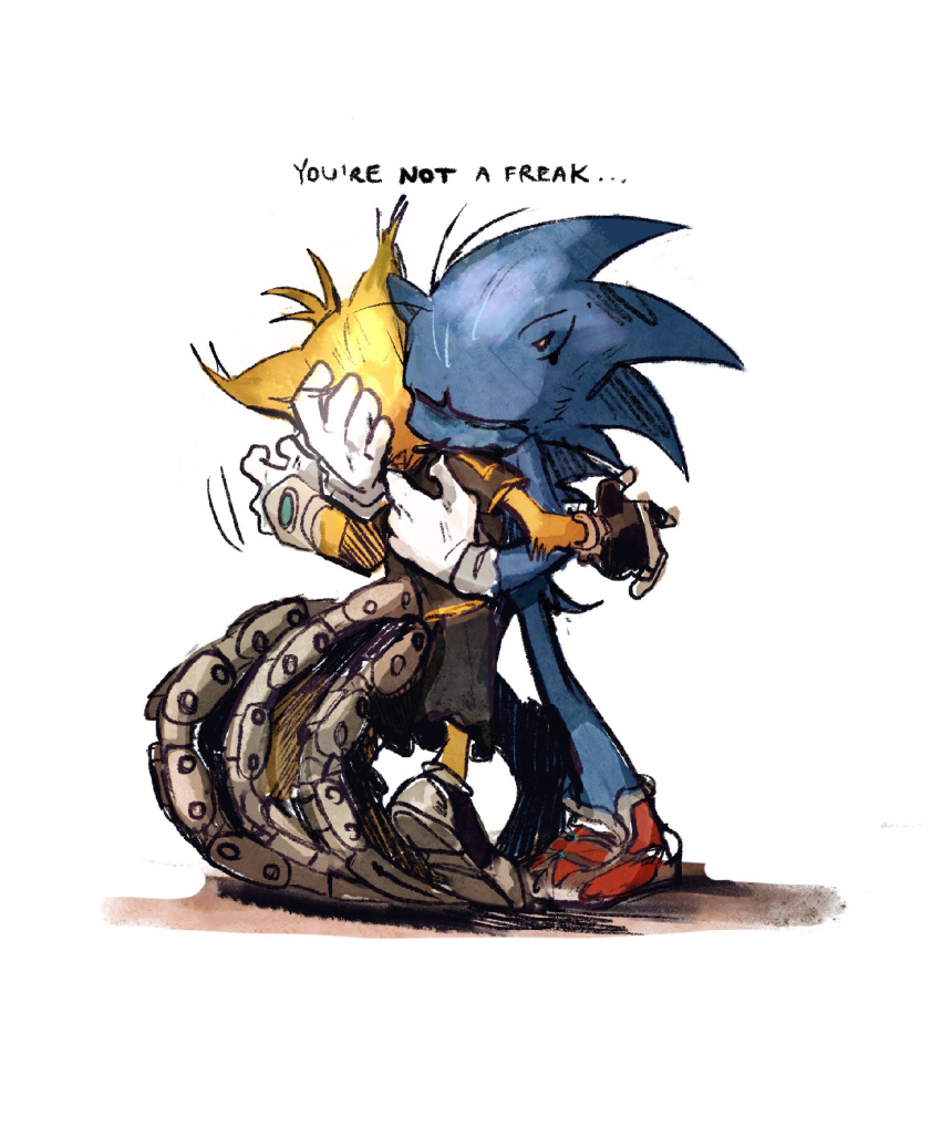 2boys animal_ears commentary english_commentary english_text fox_boy fox_ears friends furry furry_male gloves highres hug male_focus mechanical_arms multiple_boys multiple_tails nine_(sonic) rat_riot shoes simple_background sketch sonic_(series) sonic_prime sonic_the_hedgehog tail tails_(sonic) white_gloves